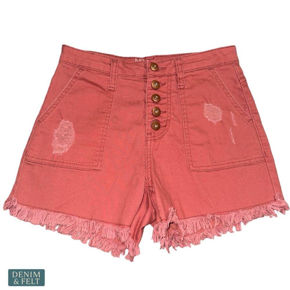 No Boundaries Coral Distressed Denim Shorts Size 7 Button Fly Frayed Hem Summer